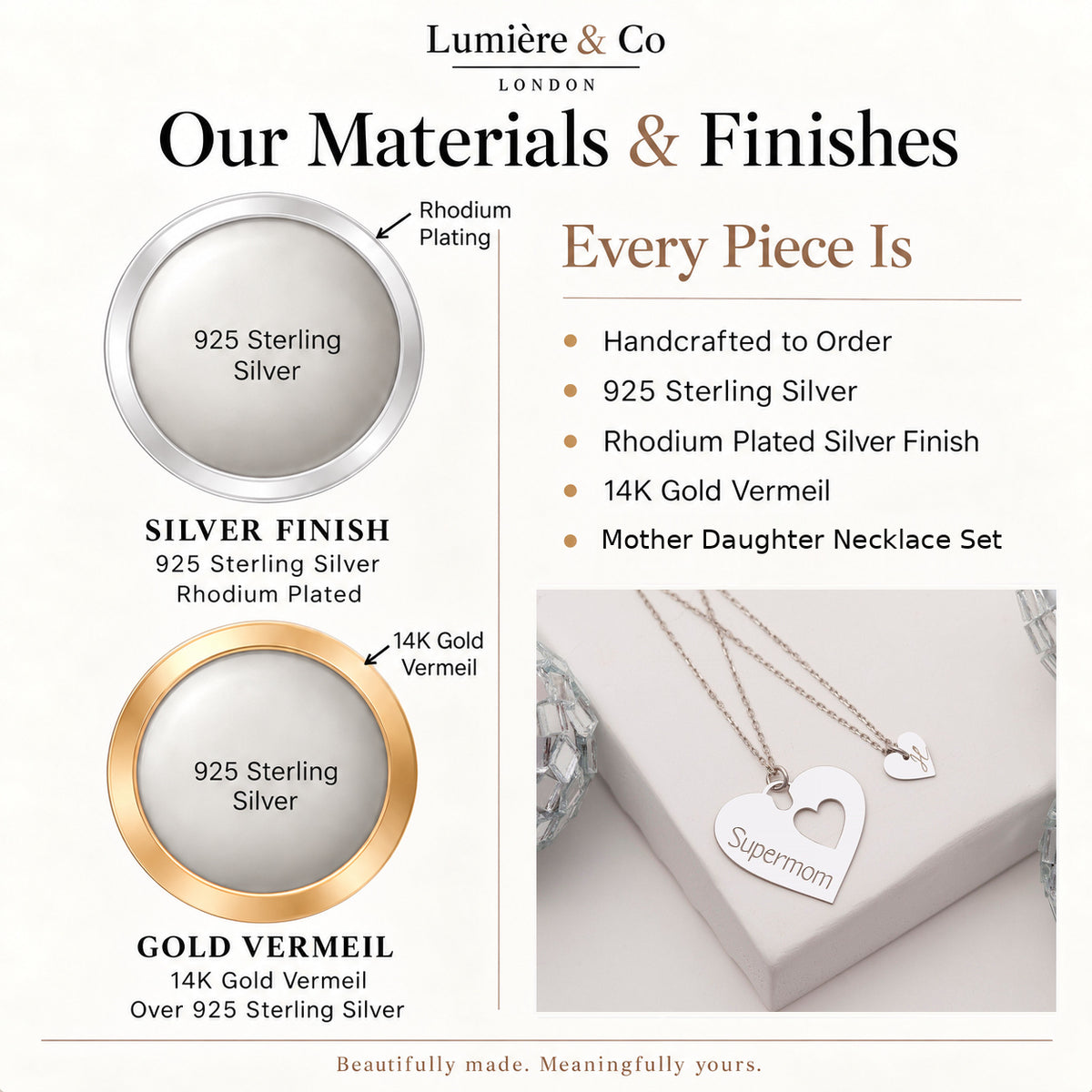 Sterling Silver Mother Daughter Necklace Set – materials and finishes: 925 sterling silver, rhodium plated silver and 14K gold vermeil – Lumière & Co London