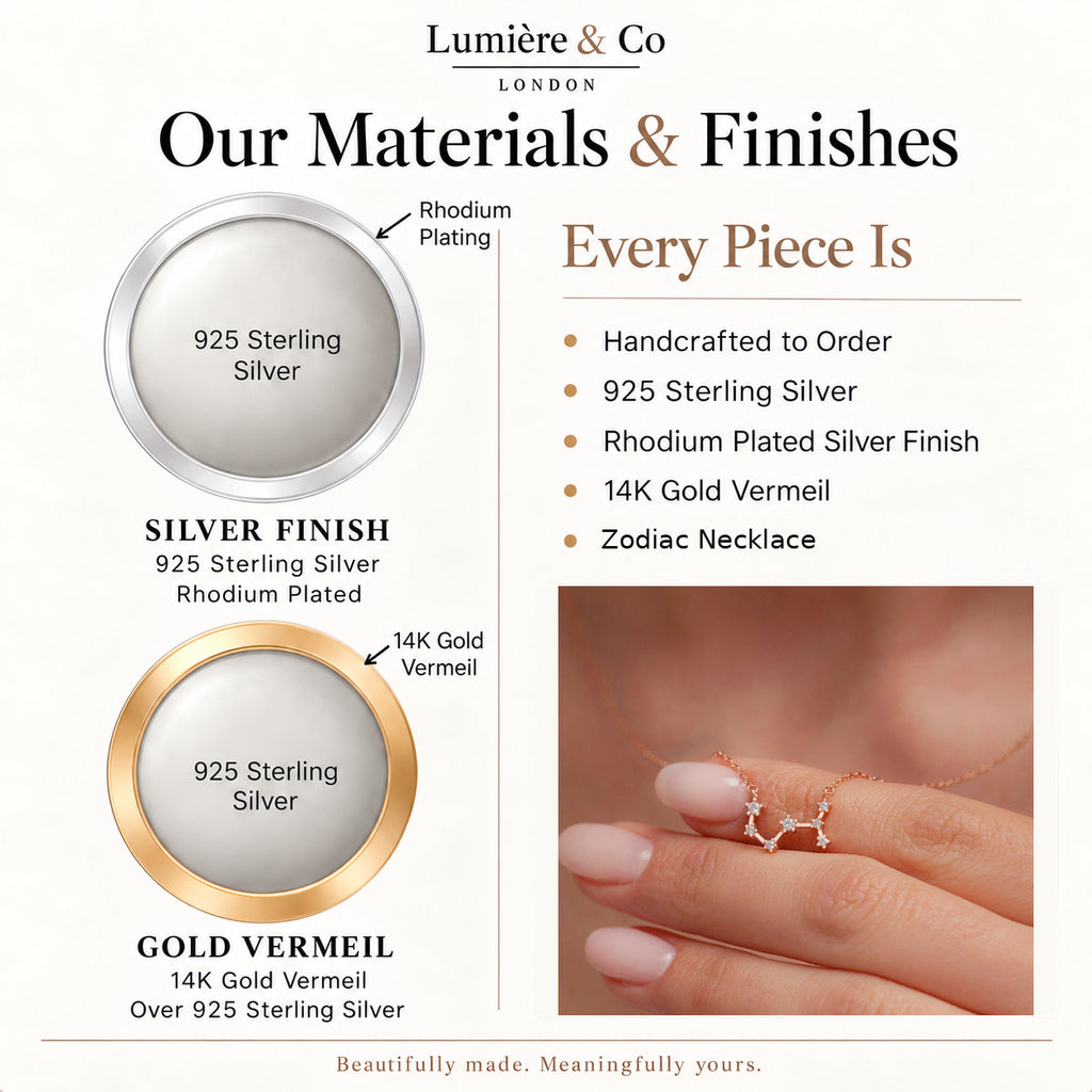 Lumière & Co materials and finish guide for sterling silver zodiac necklace