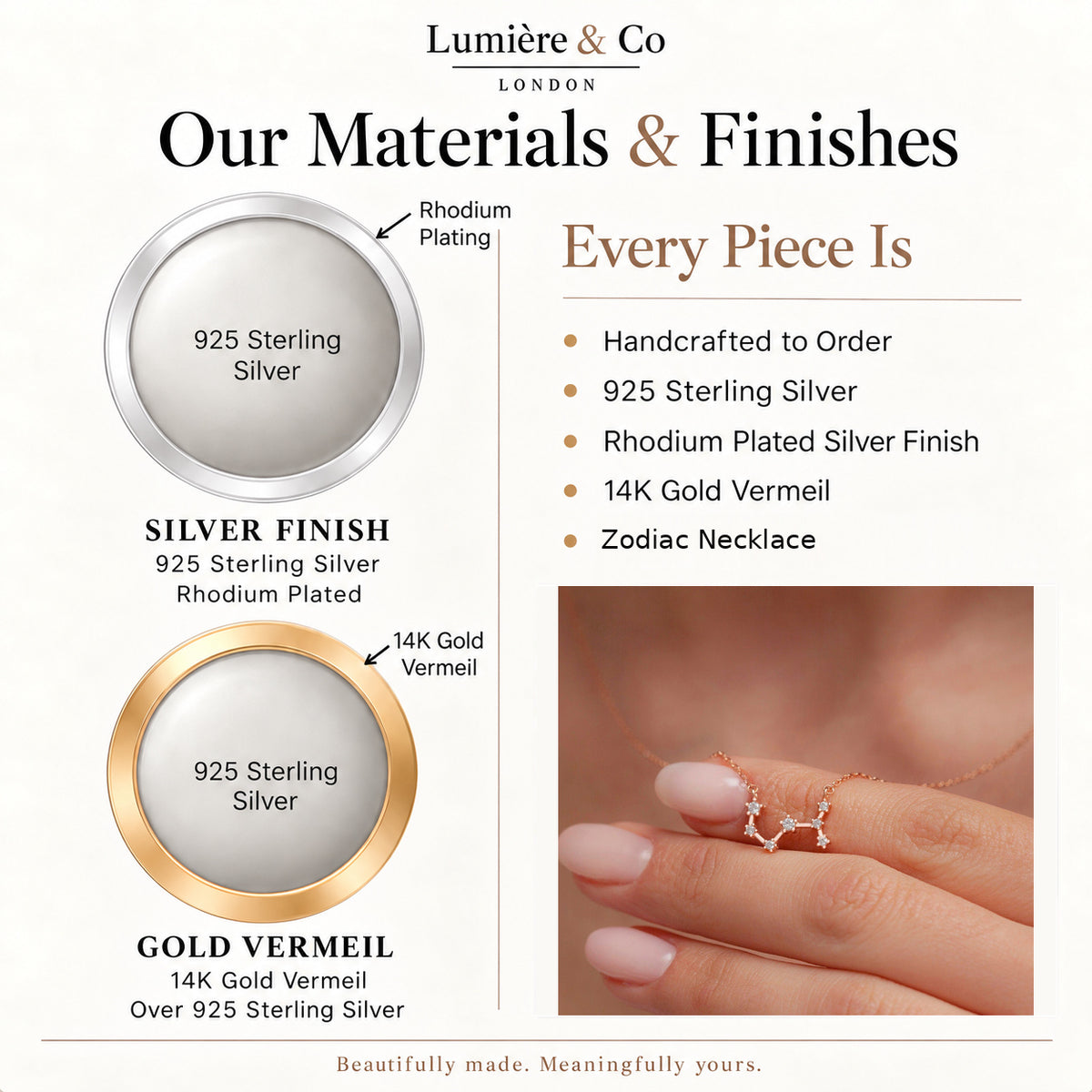 Lumière & Co materials and finish guide for sterling silver zodiac necklace