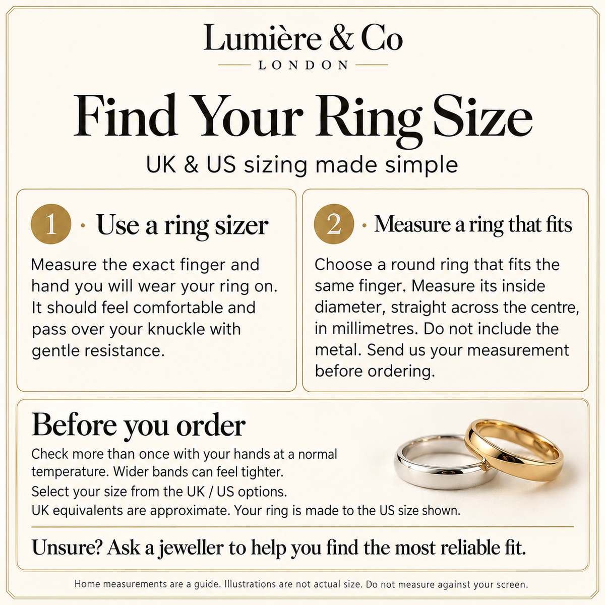 UK and US ring size guide with measuring advice