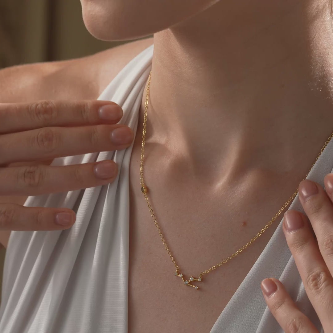 Gold vermeil zodiac constellation and birthstone necklace worn with a white top, showing its scale and close-up details