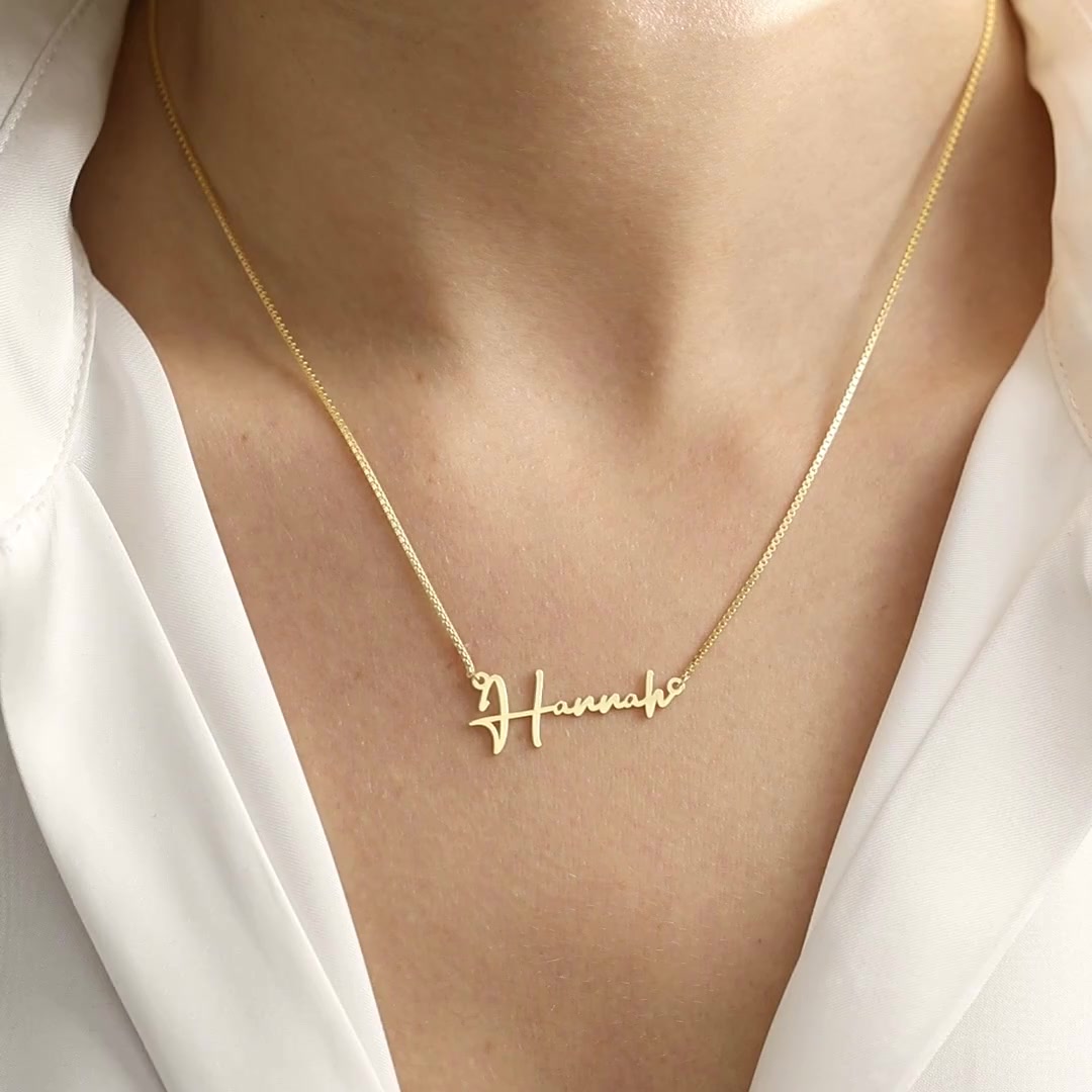 Personalised Handwritten Name Necklace in 14K gold vermeil, showing different lettering styles worn and held close up.
